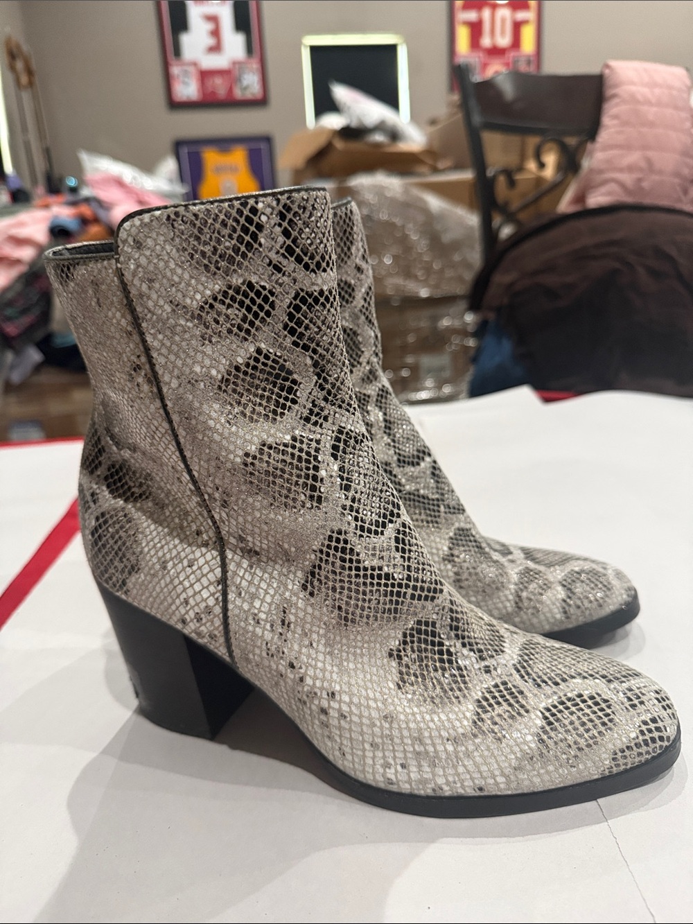 Donald J. Pliner White and Black Snake-Print Ankle Boots